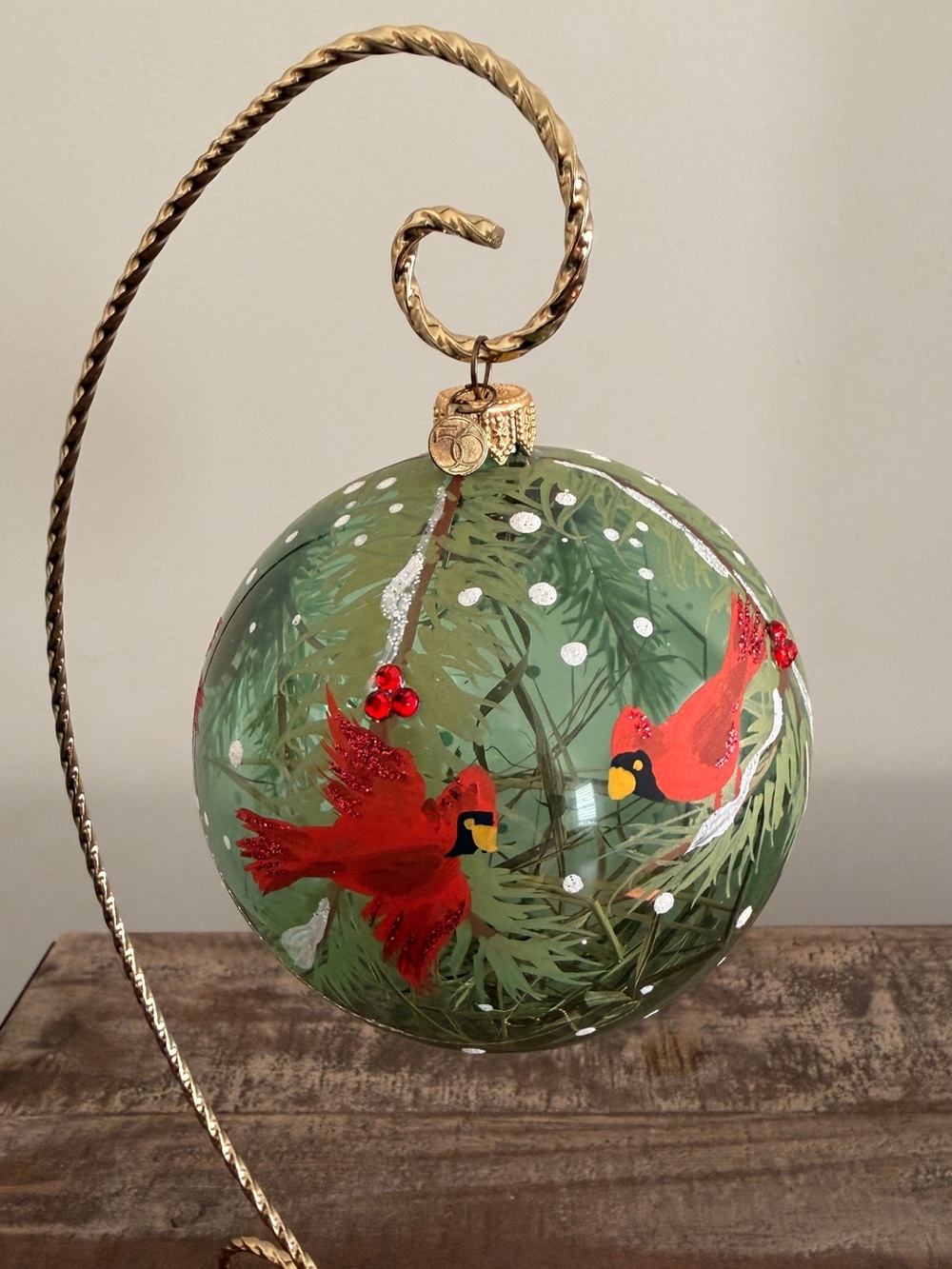 Large VINTAGE Department 56 Glass Cardinal Ball Ornament w/ Twigs & Grass ✨